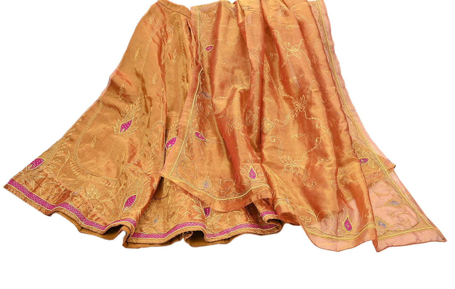 Indian Vintage Heavy Golden Pure Tissue Silk Hand Embroidered Lehenga/Dupatta party Wear Zardozi/ Dabka, Zari