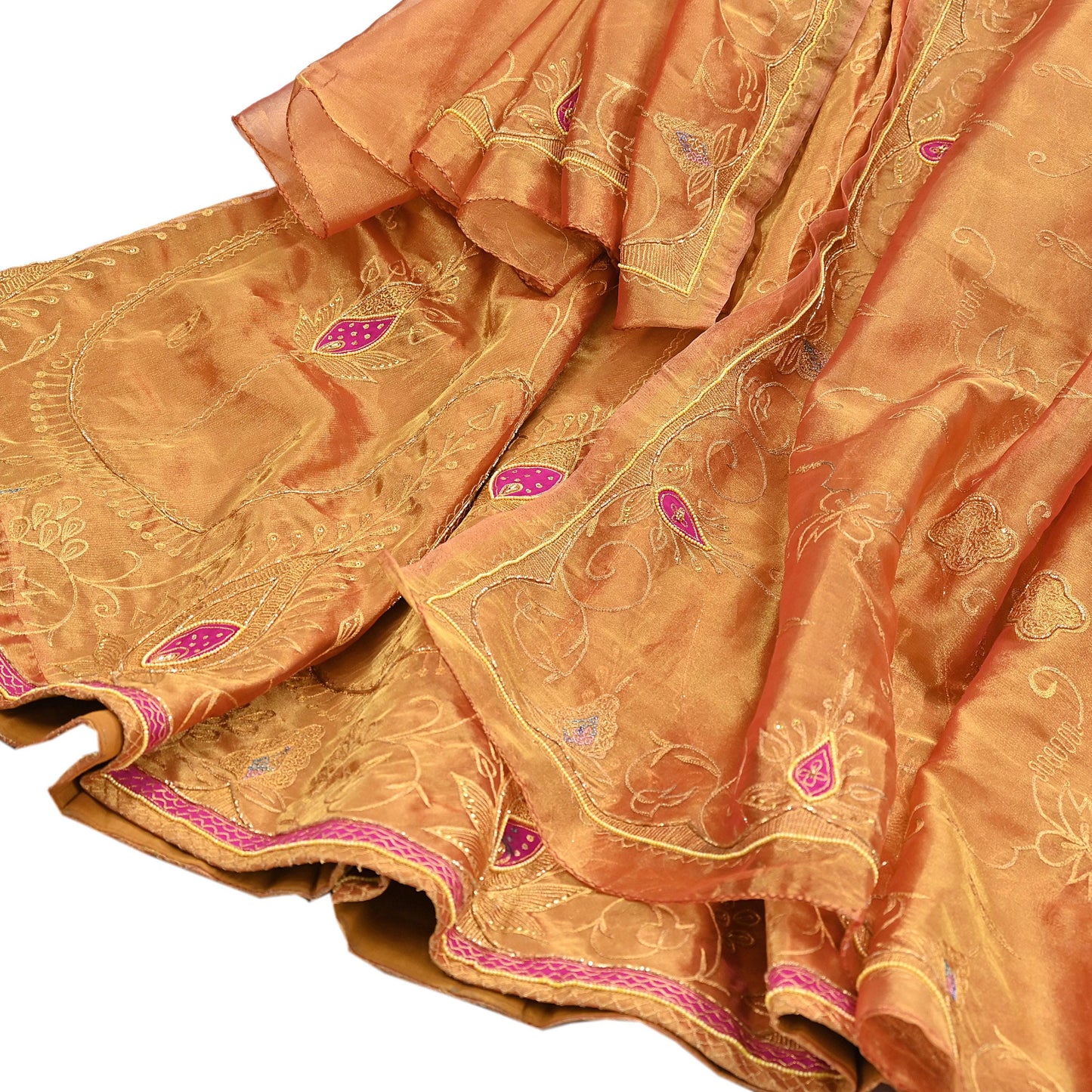 Indian Vintage Heavy Golden Pure Tissue Silk Hand Embroidered Lehenga/Dupatta party Wear Zardozi/ Dabka, Zari