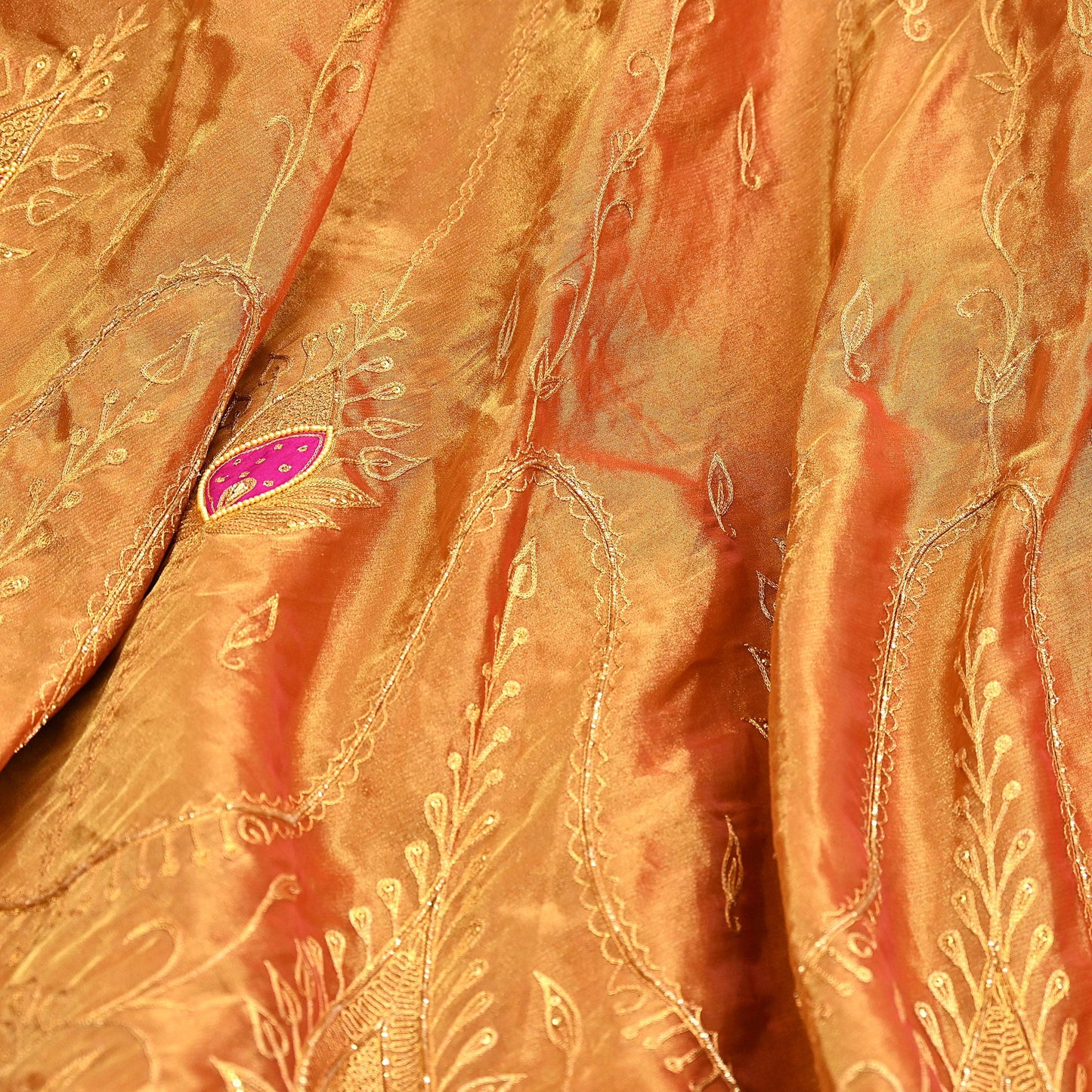 Indian Vintage Heavy Golden Pure Tissue Silk Hand Embroidered Lehenga/Dupatta party Wear Zardozi/ Dabka, Zari