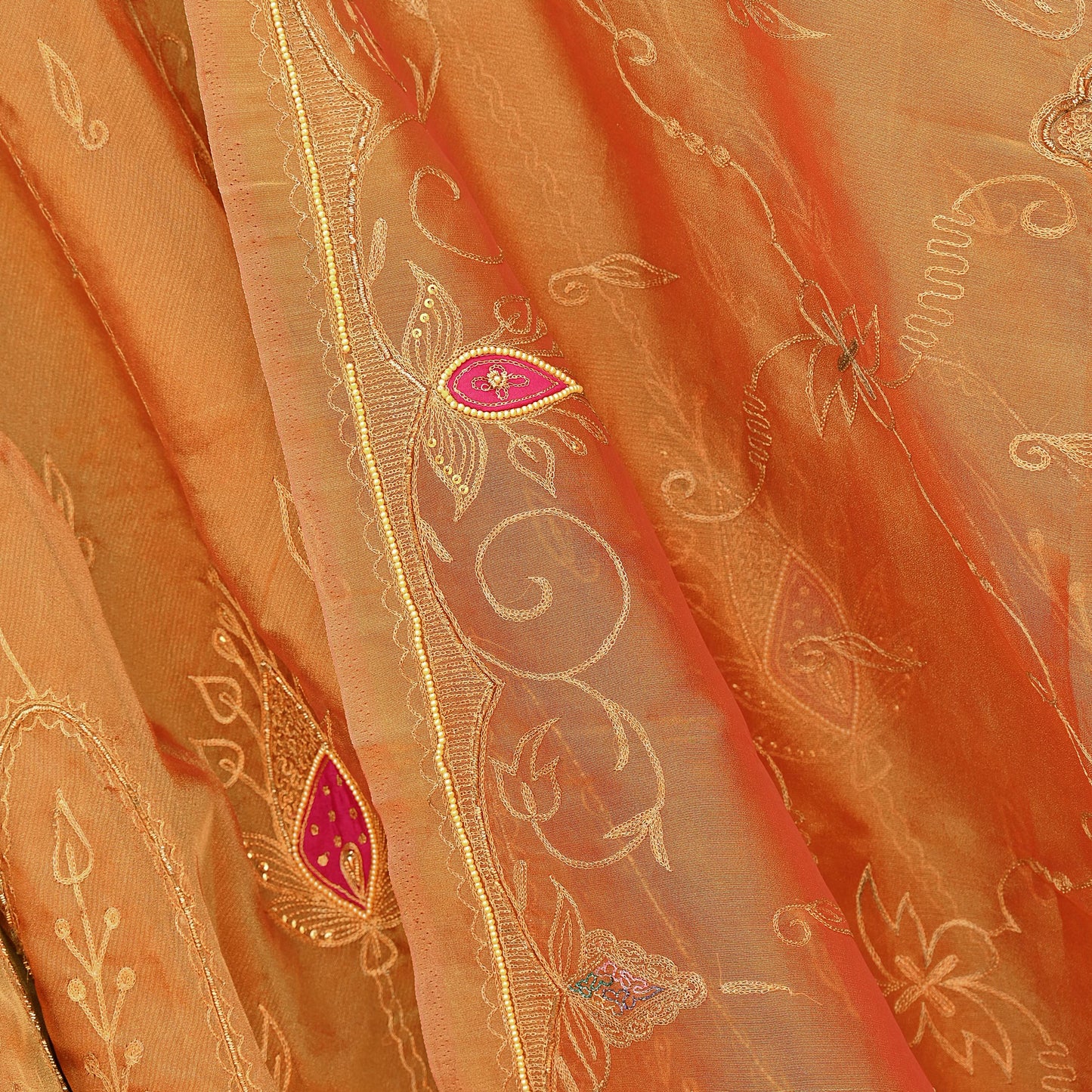 Indian Vintage Heavy Golden Pure Tissue Silk Hand Embroidered Lehenga/Dupatta party Wear Zardozi/ Dabka, Zari