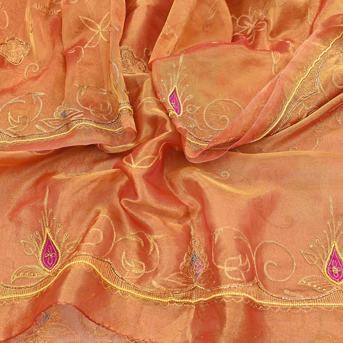 Indian Vintage Heavy Bridal Dupatta Golden Pure Tissue Silk Long Stole Hand Embroidered Scarves Zari Zardozi/Dabka Wedding/party wear hijab