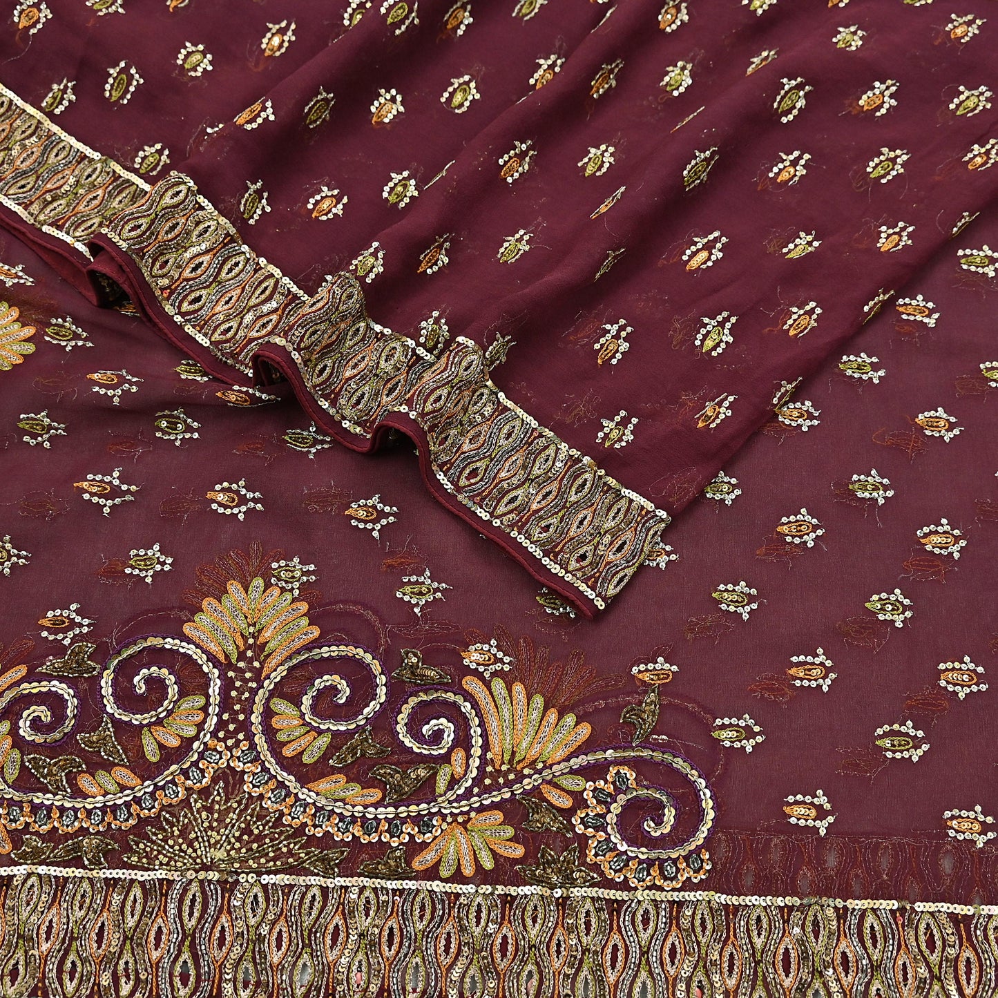 Indian Vintage Maroon Dupatta Pure Georgette silk Long Stole Hand Embroidered Scarves Stole Veil Wrap Sequins Dabka/ Zardozi