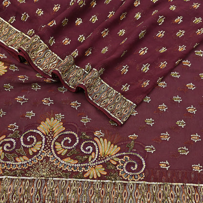 Indian Vintage Maroon Dupatta Pure Georgette silk Long Stole Hand Embroidered Scarves Stole Veil Wrap Sequins Dabka/ Zardozi