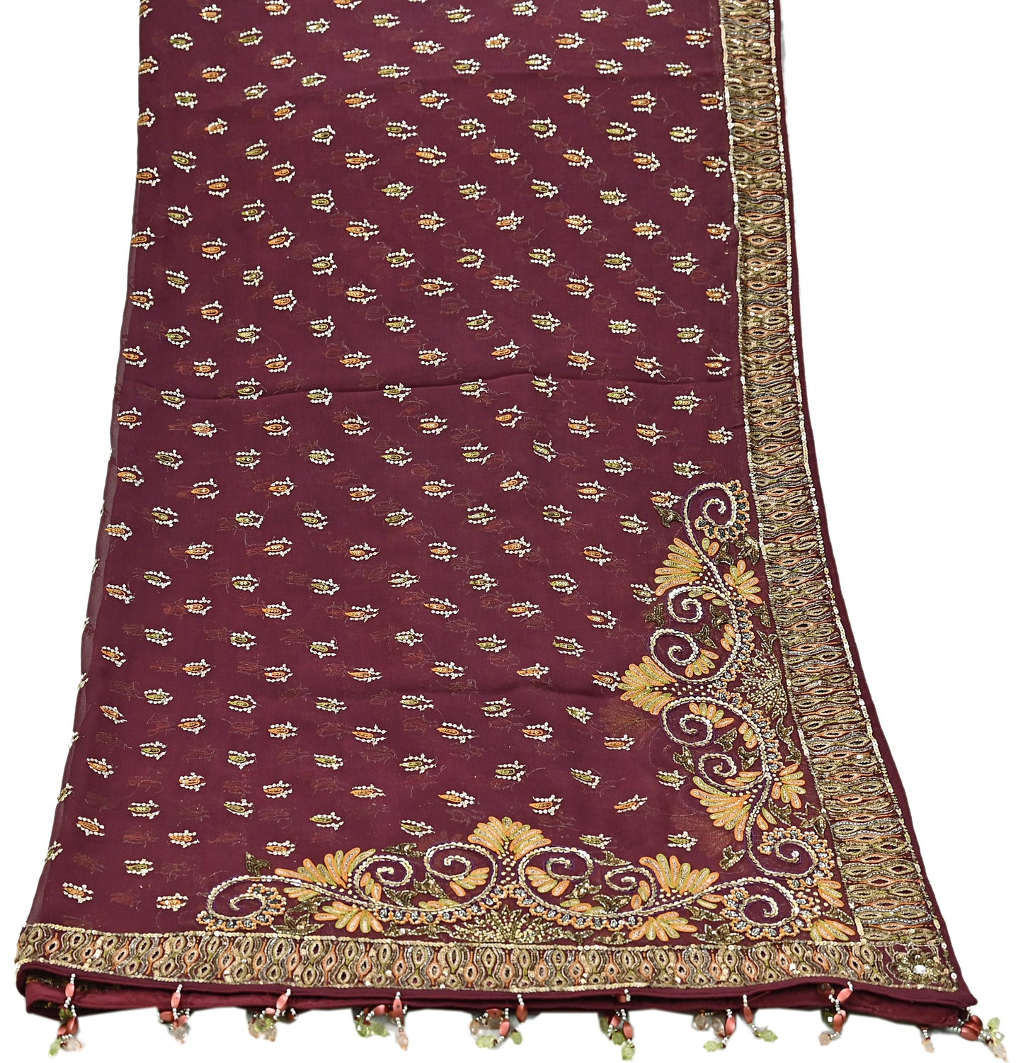 Indian Vintage Maroon Dupatta Pure Georgette silk Long Stole Hand Embroidered Scarves Stole Veil Wrap Sequins Dabka/ Zardozi