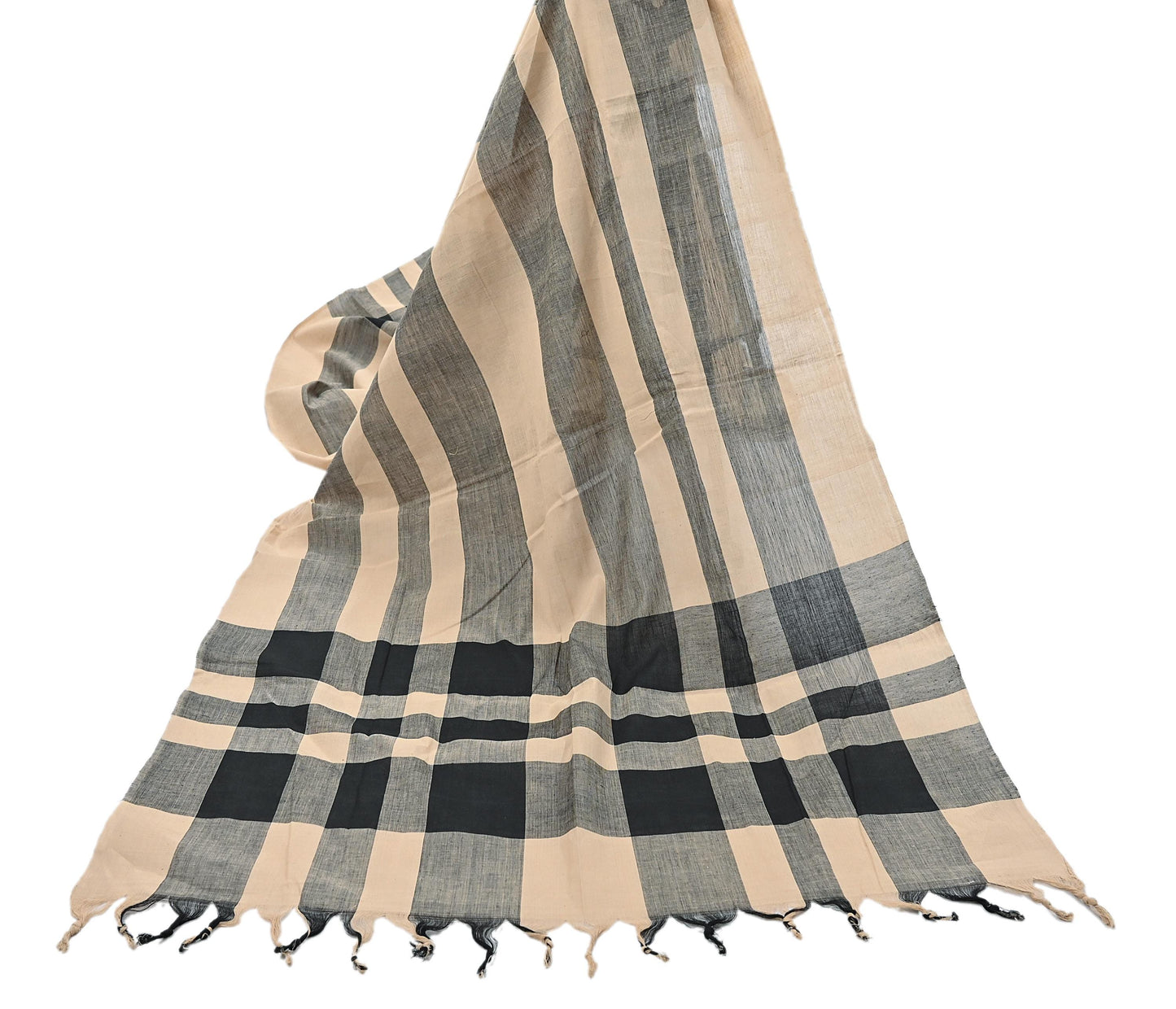 Indian Vintage Beige & Black Dupatta Long Stole Woven Pure Cotton Scarves Veil Scarf Soft Fringes Boho