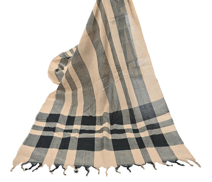 Indian Vintage Beige & Black Dupatta Long Stole Woven Pure Cotton Scarves Veil Scarf Soft Fringes Boho