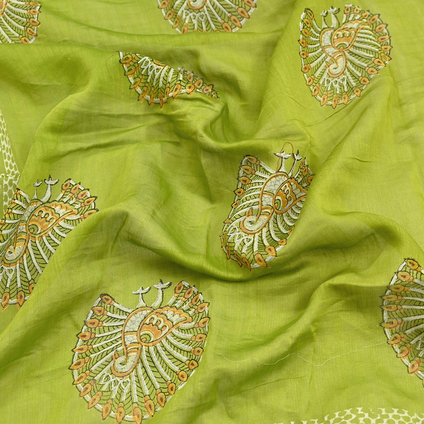 Indian Vintage Dupatta Green Dupatta Long Stole Block Print Pure Chanderi Silk Scarves Veil Golden Zari