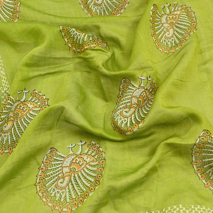 Indian Vintage Dupatta Green Dupatta Long Stole Block Print Pure Chanderi Silk Scarves Veil Golden Zari