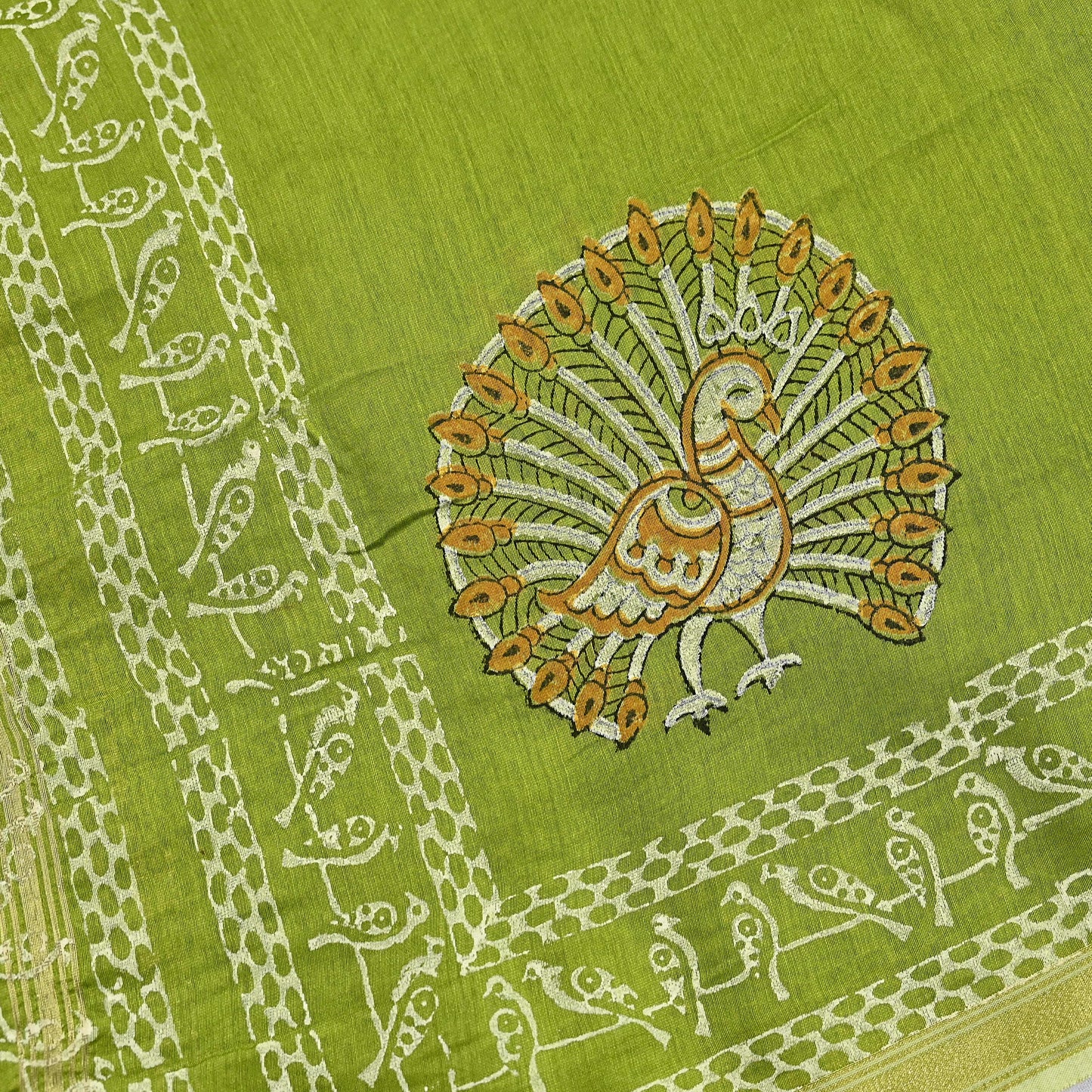 Indian Vintage Dupatta Green Dupatta Long Stole Block Print Pure Chanderi Silk Scarves Veil Golden Zari