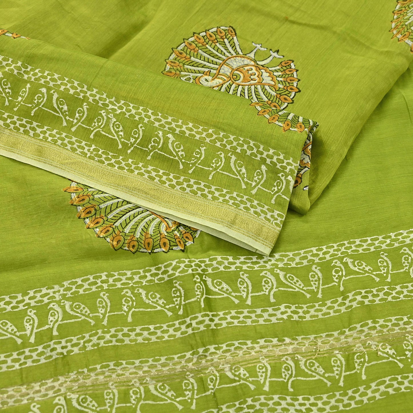 Indian Vintage Dupatta Green Dupatta Long Stole Block Print Pure Chanderi Silk Scarves Veil Golden Zari