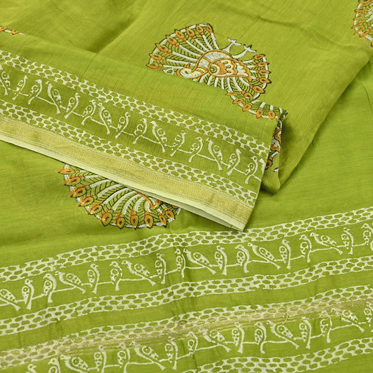 Indian Vintage Dupatta Green Dupatta Long Stole Block Print Pure Chanderi Silk Scarves Veil Golden Zari
