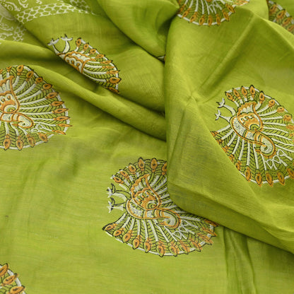 Indian Vintage Dupatta Green Dupatta Long Stole Block Print Pure Chanderi Silk Scarves Veil Golden Zari