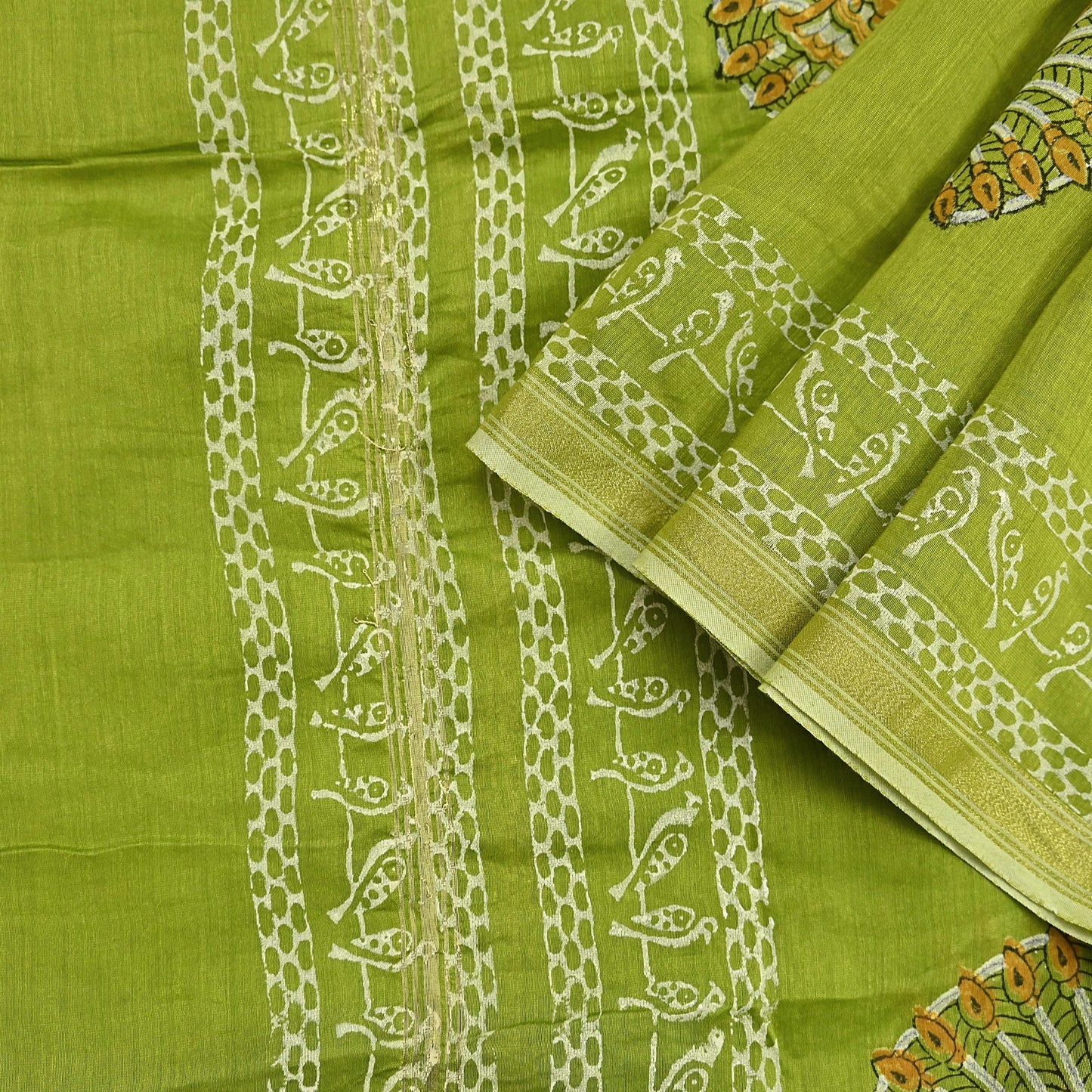 Indian Vintage Dupatta Green Dupatta Long Stole Block Print Pure Chanderi Silk Scarves Veil Golden Zari