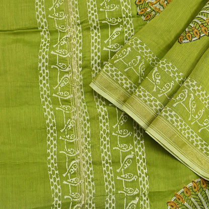 Indian Vintage Dupatta Green Dupatta Long Stole Block Print Pure Chanderi Silk Scarves Veil Golden Zari