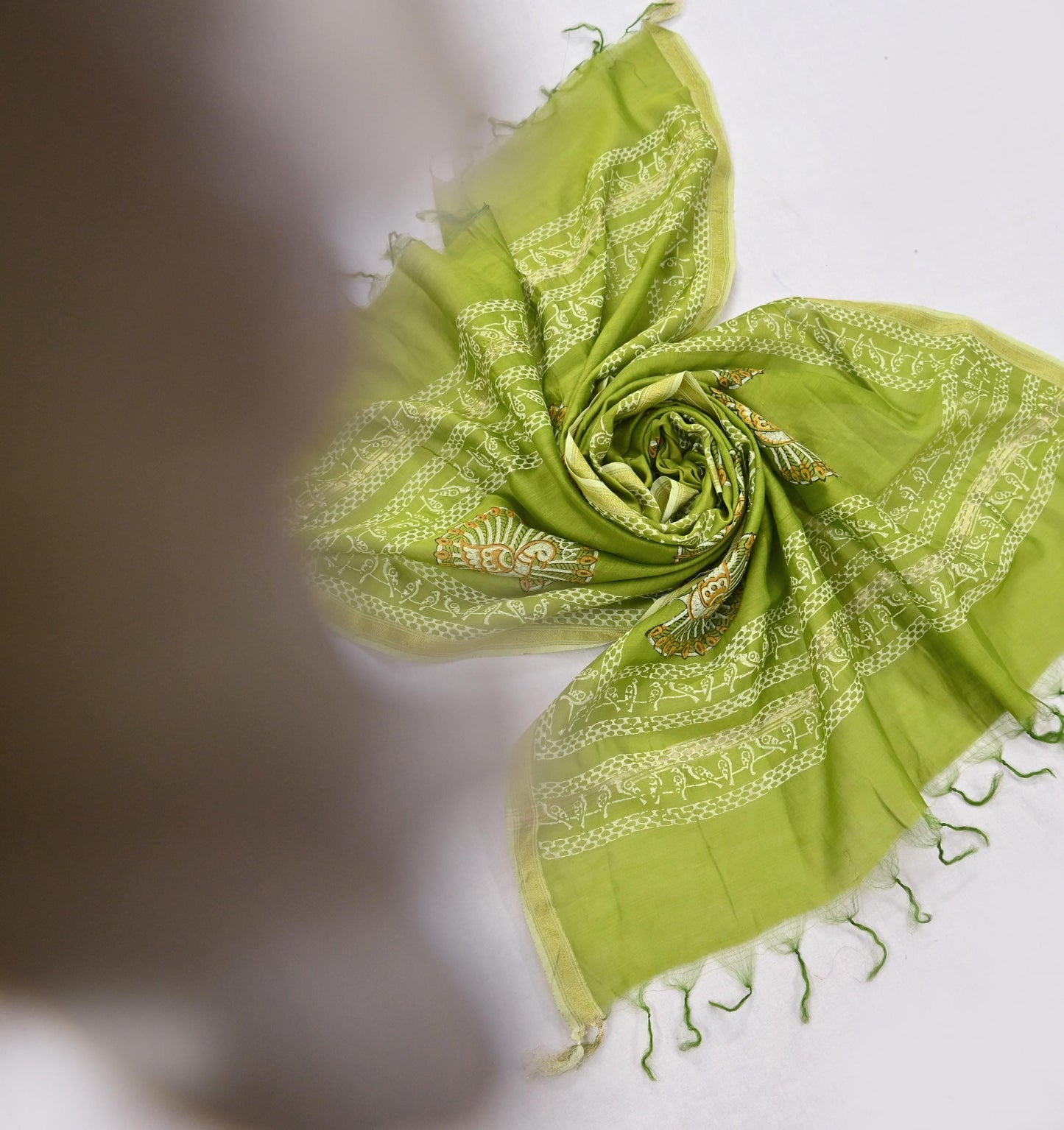 Indian Vintage Dupatta Green Dupatta Long Stole Block Print Pure Chanderi Silk Scarves Veil Golden Zari