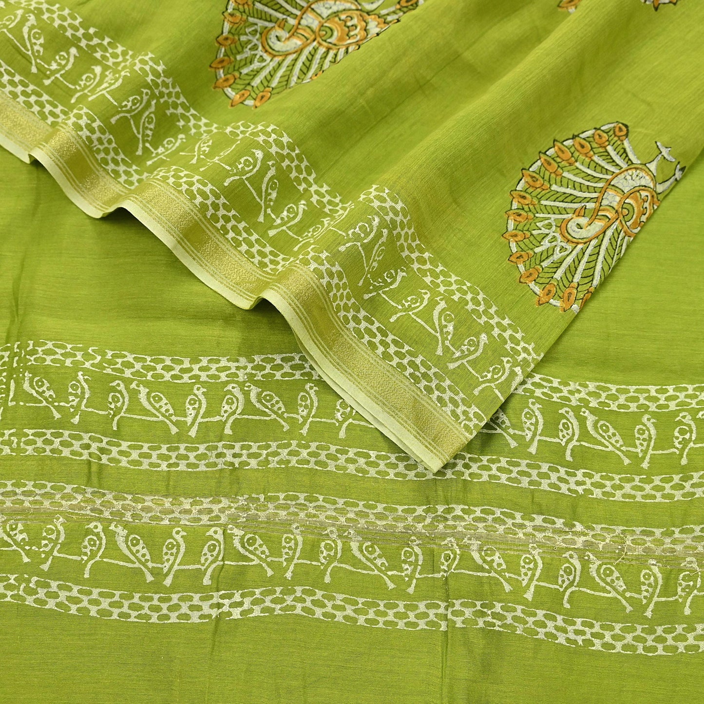 Indian Vintage Dupatta Green Dupatta Long Stole Block Print Pure Chanderi Silk Scarves Veil Golden Zari