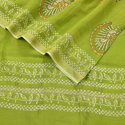 Indian Vintage Dupatta Green Dupatta Long Stole Block Print Pure Chanderi Silk Scarves Veil Golden Zari