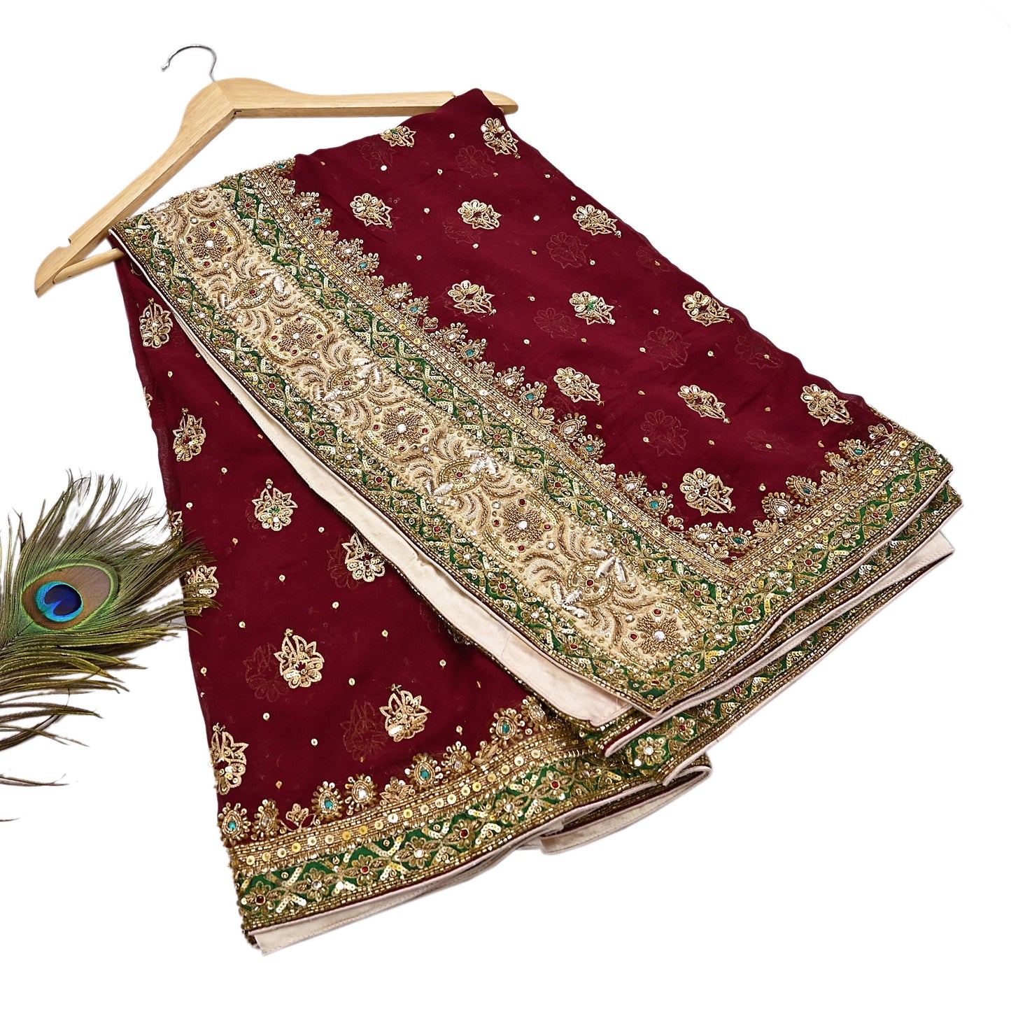 Indian Vintage Heavy Luxury Maroon Pure Georgette Silk Hand Embroidered Dupatta Designer By Anamika Khanna Bridal Wear Dabka Veil Hijab