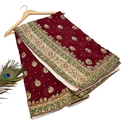 Indian Vintage Heavy Luxury Maroon Pure Georgette Silk Hand Embroidered Dupatta Designer By Anamika Khanna Bridal Wear Dabka Veil Hijab