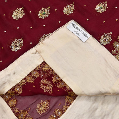 Indian Vintage Heavy Luxury Maroon Pure Georgette Silk Hand Embroidered Dupatta Designer By Anamika Khanna Bridal Wear Dabka Veil Hijab
