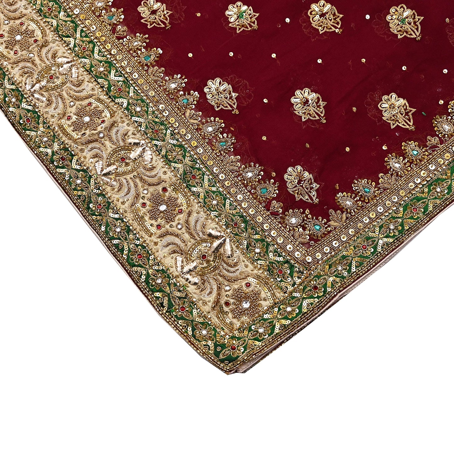 Indian Vintage Heavy Luxury Maroon Pure Georgette Silk Hand Embroidered Dupatta Designer By Anamika Khanna Bridal Wear Dabka Veil Hijab