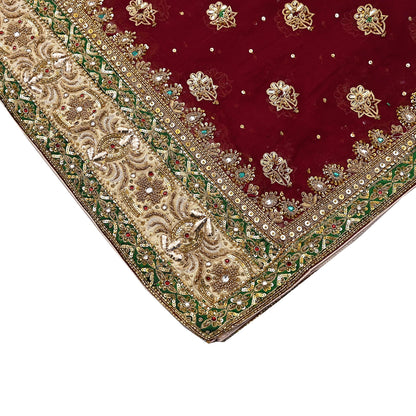Indian Vintage Heavy Luxury Maroon Pure Georgette Silk Hand Embroidered Dupatta Designer By Anamika Khanna Bridal Wear Dabka Veil Hijab