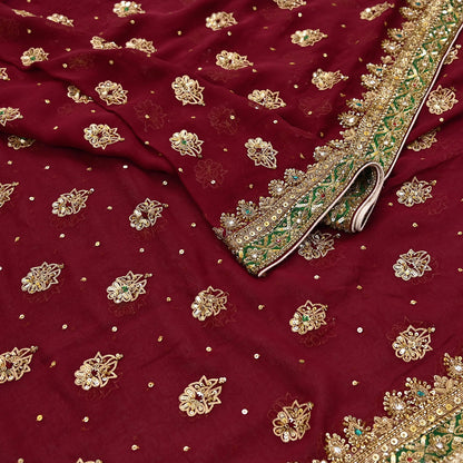 Indian Vintage Heavy Luxury Maroon Pure Georgette Silk Hand Embroidered Dupatta Designer By Anamika Khanna Bridal Wear Dabka Veil Hijab