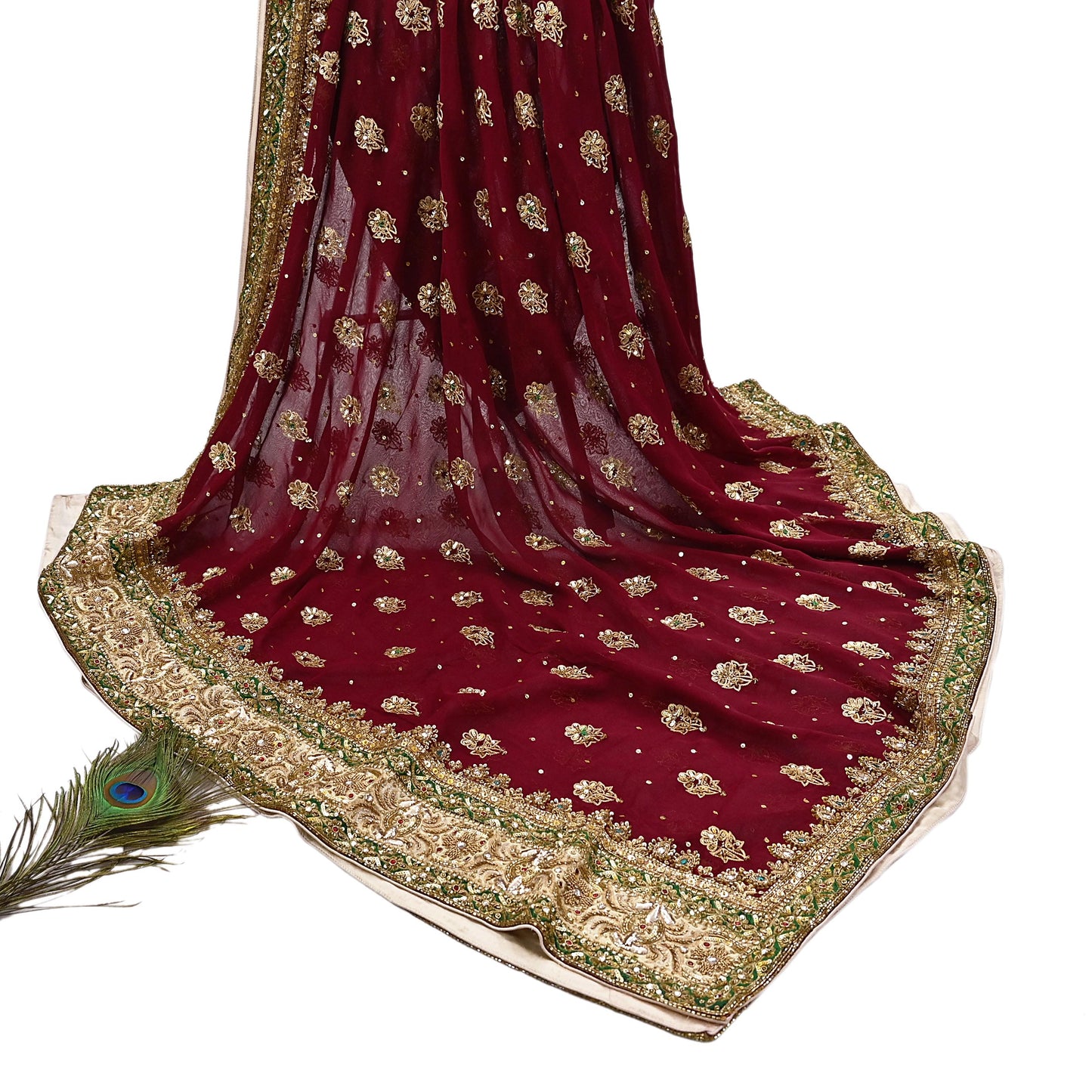 Indian Vintage Heavy Luxury Maroon Pure Georgette Silk Hand Embroidered Dupatta Designer By Anamika Khanna Bridal Wear Dabka Veil Hijab