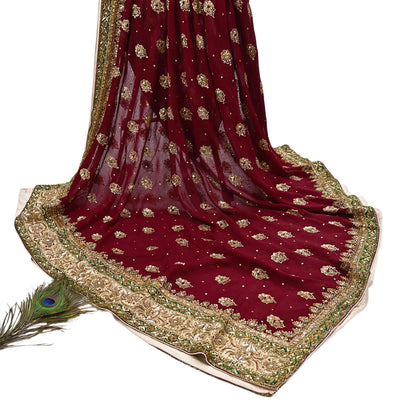 Indian Vintage Heavy Luxury Maroon Pure Georgette Silk Hand Embroidered Dupatta Designer By Anamika Khanna Bridal Wear Dabka Veil Hijab