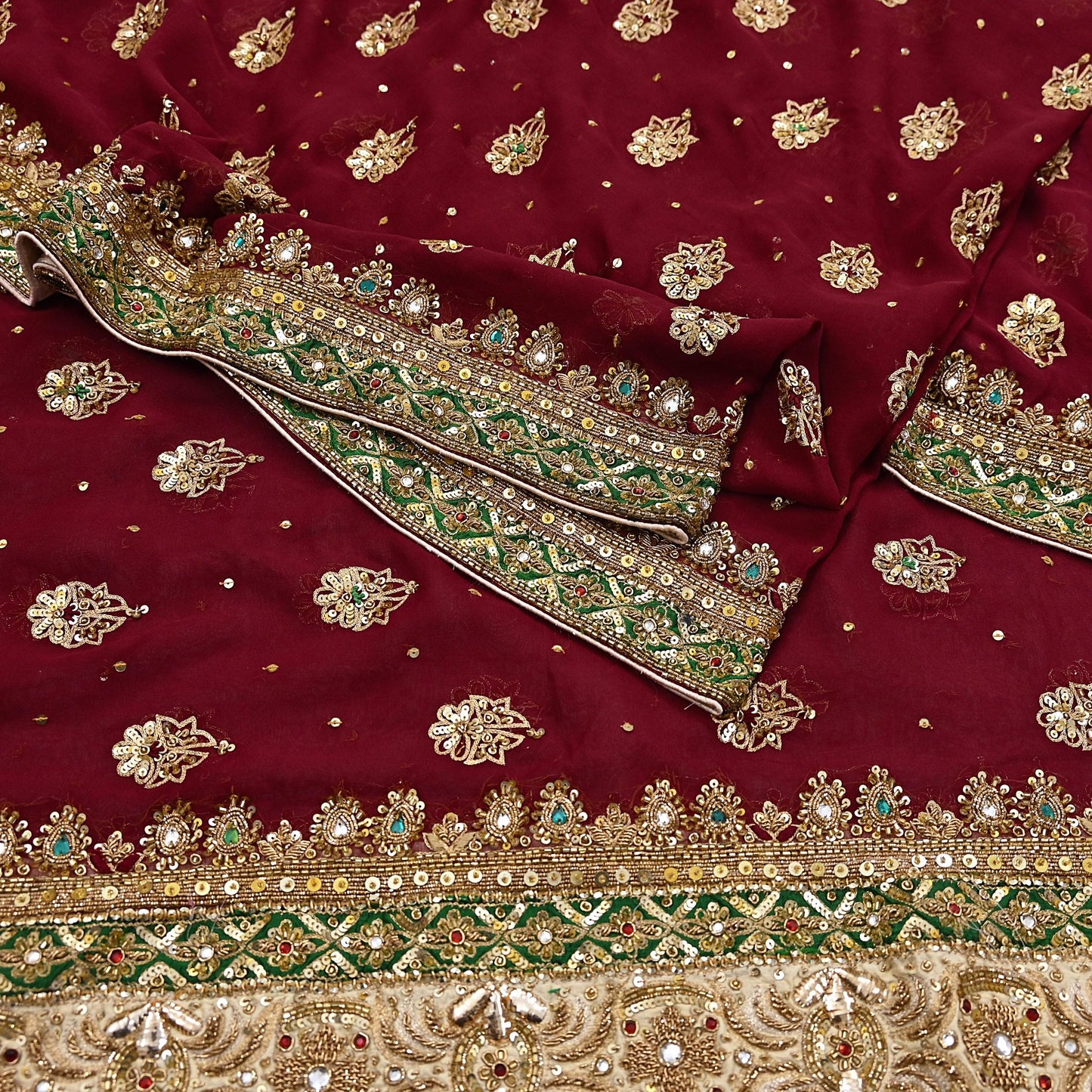 Indian Vintage Heavy Luxury Maroon Pure Georgette Silk Hand Embroidered Dupatta Designer By Anamika Khanna Bridal Wear Dabka Veil Hijab