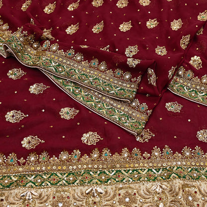 Indian Vintage Heavy Luxury Maroon Pure Georgette Silk Hand Embroidered Dupatta Designer By Anamika Khanna Bridal Wear Dabka Veil Hijab
