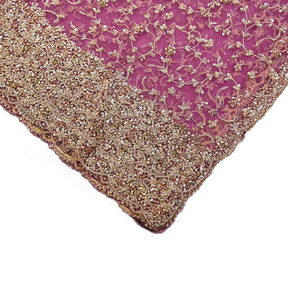 Indian Vintage Heavy Luxury Bridal Dupatta Pink Net Mesh Long Stole Hand Embroidered Scarves Zardozi Dabka Zari Sequins Wedding Dupatta