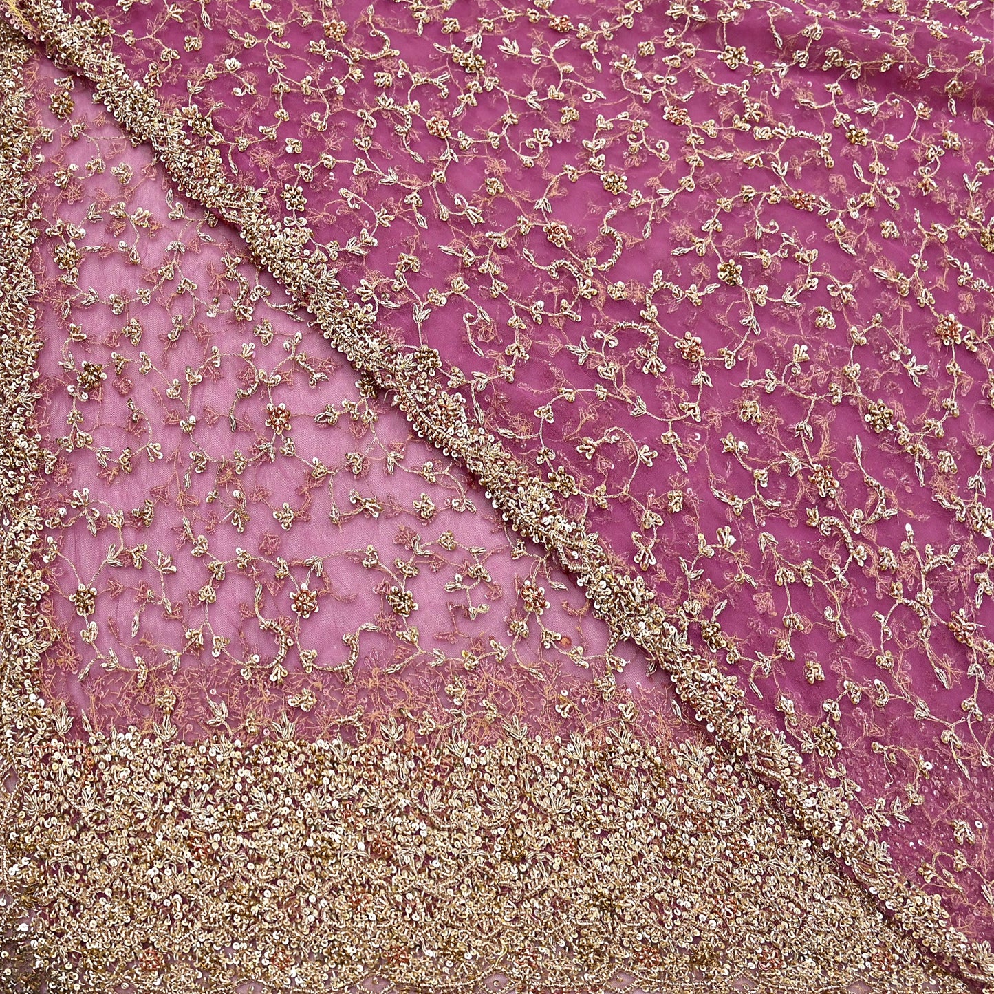 Indian Vintage Heavy Luxury Bridal Dupatta Pink Net Mesh Long Stole Hand Embroidered Scarves Zardozi Dabka Zari Sequins Wedding Dupatta