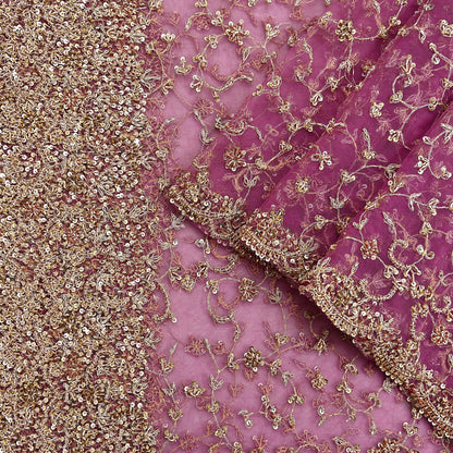 Indian Vintage Heavy Luxury Bridal Dupatta Pink Net Mesh Long Stole Hand Embroidered Scarves Zardozi Dabka Zari Sequins Wedding Dupatta