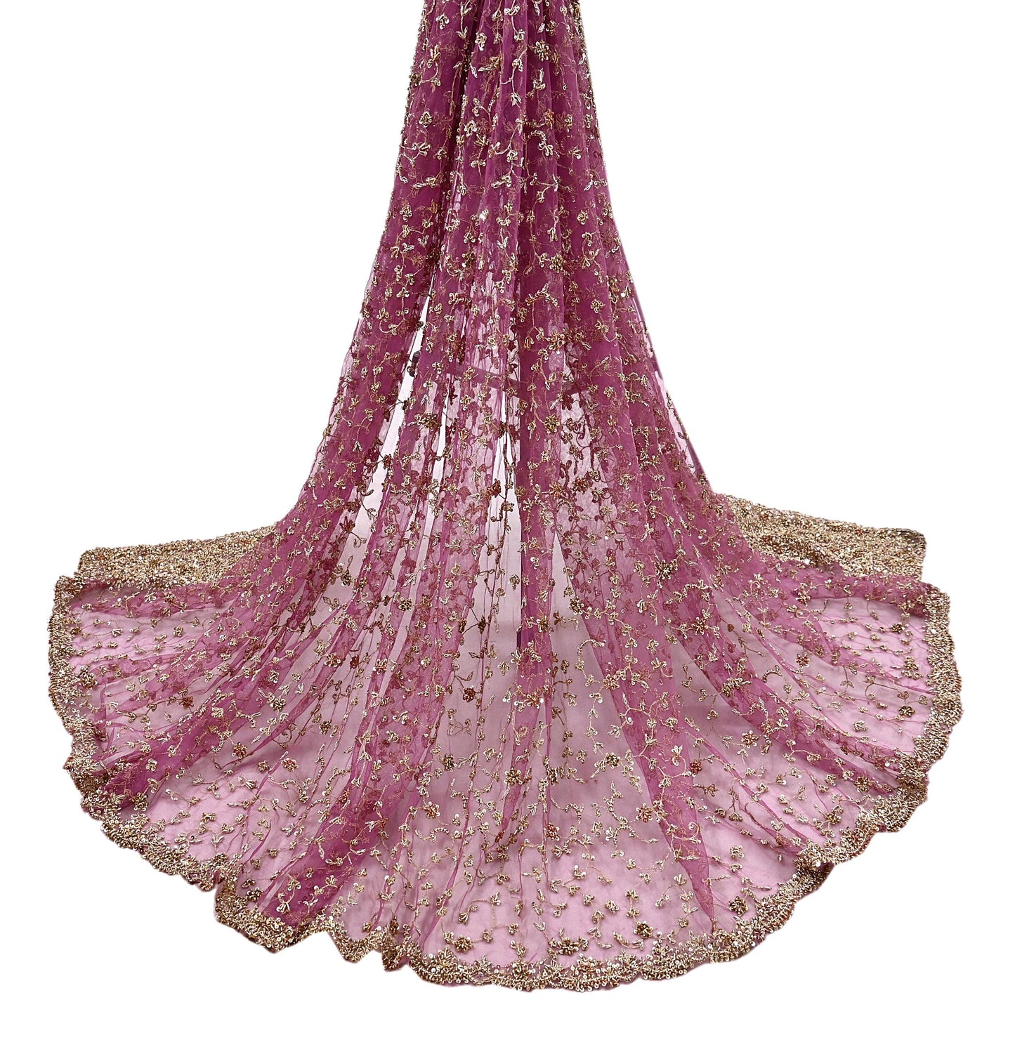 Indian Vintage Heavy Luxury Bridal Dupatta Pink Net Mesh Long Stole Hand Embroidered Scarves Zardozi Dabka Zari Sequins Wedding Dupatta
