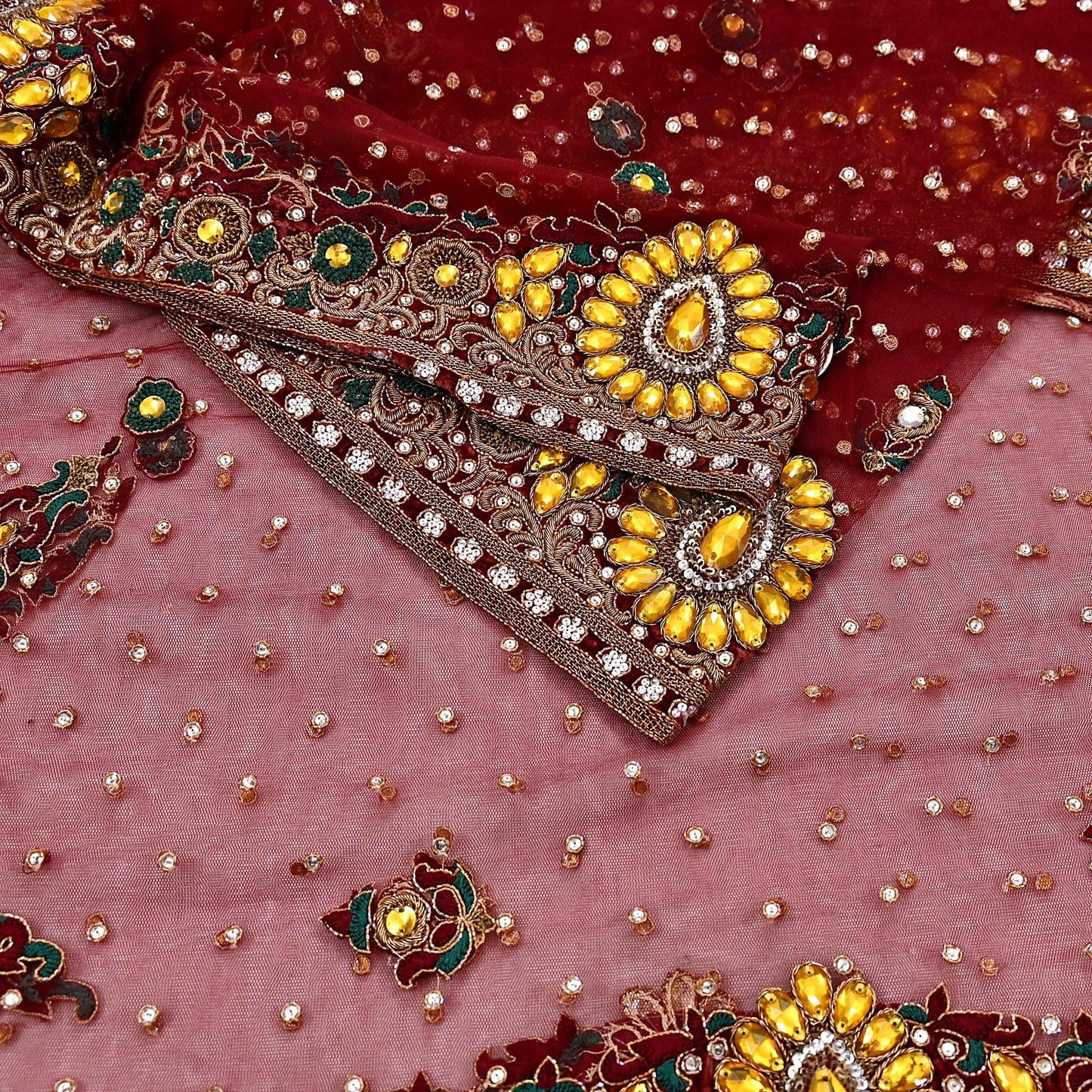Indian Vintage Heavy Luxury Bridal Red Dupatta Net Mesh Long Stole Hand Embroidered Scarves Zardozi Dabka Zari Sequins Wedding Veil Hijab