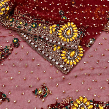Indian Vintage Heavy Luxury Bridal Red Dupatta Net Mesh Long Stole Hand Embroidered Scarves Zardozi Dabka Zari Sequins Wedding Veil Hijab