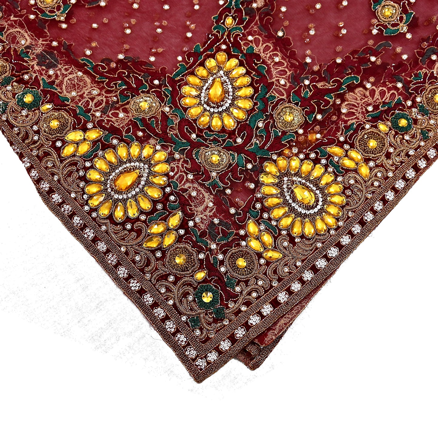 Indian Vintage Heavy Luxury Bridal Red Dupatta Net Mesh Long Stole Hand Embroidered Scarves Zardozi Dabka Zari Sequins Wedding Veil Hijab