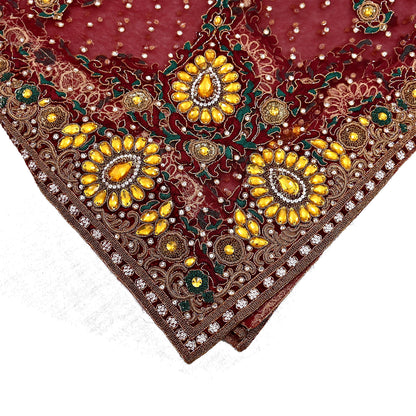 Indian Vintage Heavy Luxury Bridal Red Dupatta Net Mesh Long Stole Hand Embroidered Scarves Zardozi Dabka Zari Sequins Wedding Veil Hijab