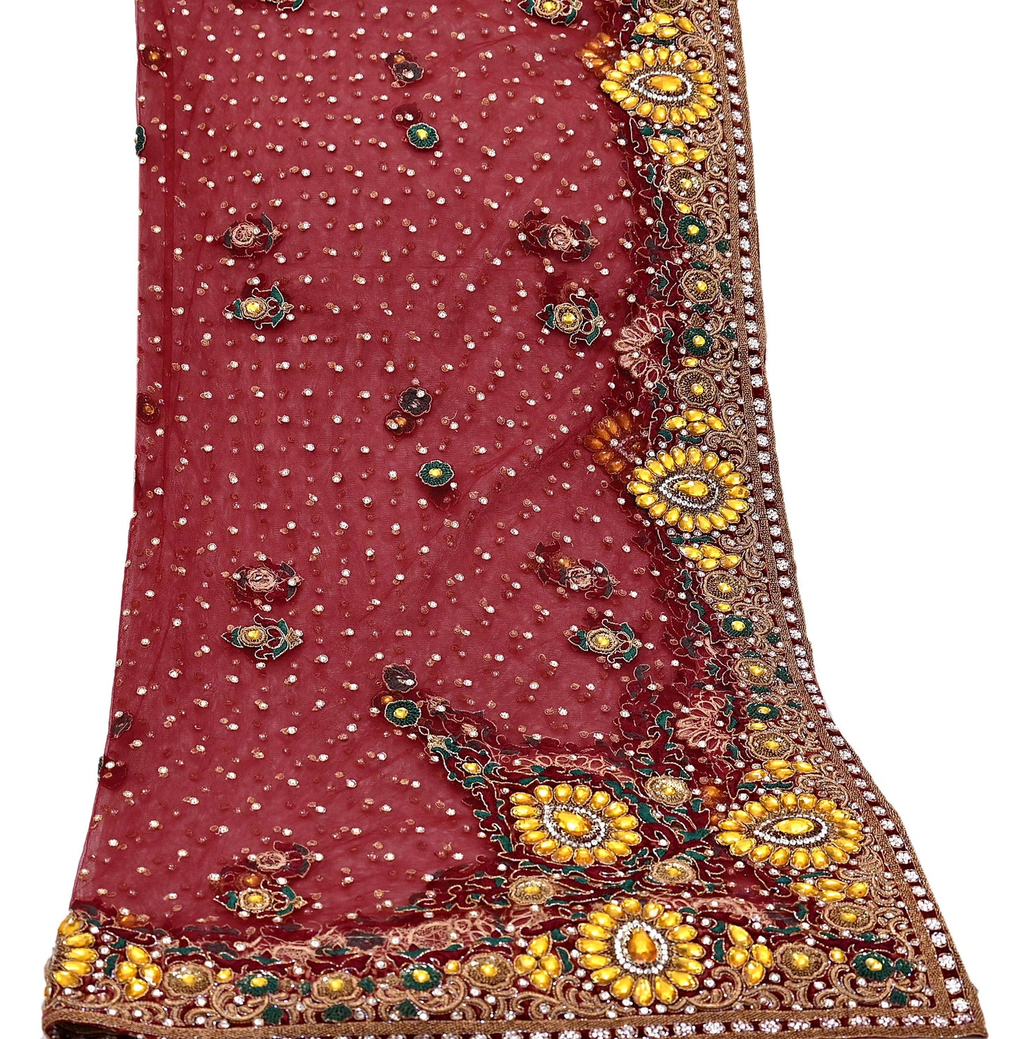 Indian Vintage Heavy Luxury Bridal Red Dupatta Net Mesh Long Stole Hand Embroidered Scarves Zardozi Dabka Zari Sequins Wedding Veil Hijab