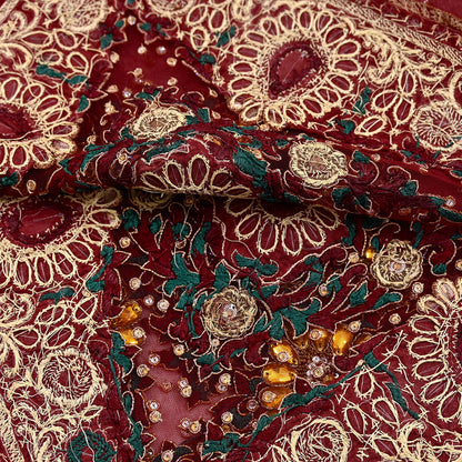 Indian Vintage Heavy Luxury Bridal Red Dupatta Net Mesh Long Stole Hand Embroidered Scarves Zardozi Dabka Zari Sequins Wedding Veil Hijab