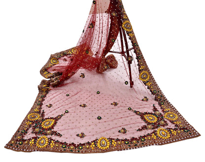 Indian Vintage Heavy Luxury Bridal Red Dupatta Net Mesh Long Stole Hand Embroidered Scarves Zardozi Dabka Zari Sequins Wedding Veil Hijab