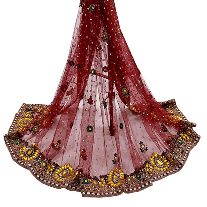 Indian Vintage Heavy Luxury Bridal Red Dupatta Net Mesh Long Stole Hand Embroidered Scarves Zardozi Dabka Zari Sequins Wedding Veil Hijab
