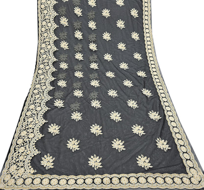 Indian Vintage Black Net Saree Heavy Hand Embroidery 6Yards Soft Mesh Fabric Ideal for Crafting Wedding Wear Bollywood sarees