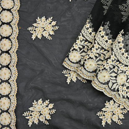 Indian Vintage Black Net Saree Heavy Hand Embroidery 6Yards Soft Mesh Fabric Ideal for Crafting Wedding Wear Bollywood sarees