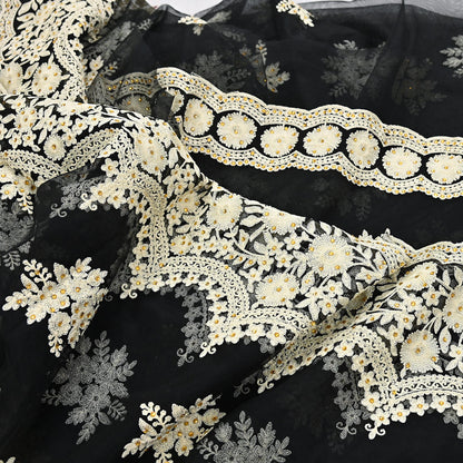 Indian Vintage Black Net Saree Heavy Hand Embroidery 6Yards Soft Mesh Fabric Ideal for Crafting Wedding Wear Bollywood sarees