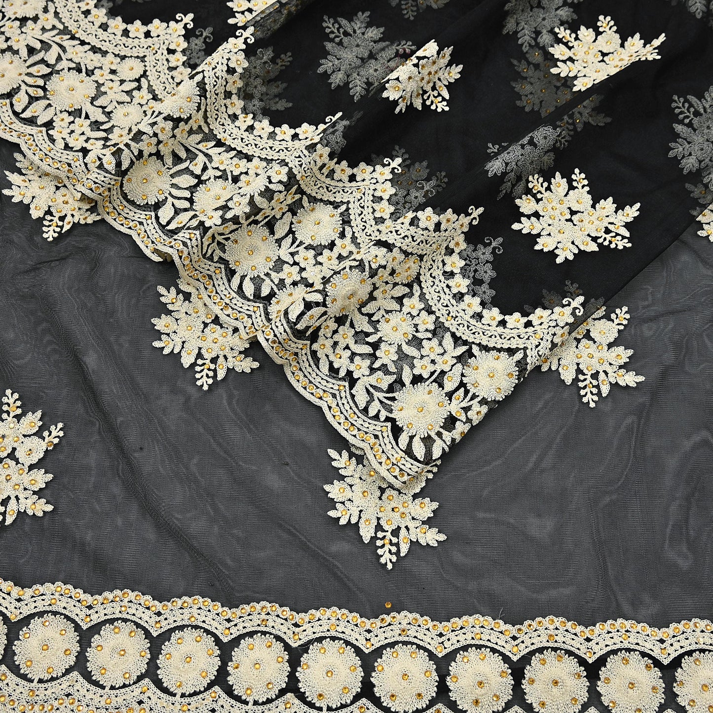 Indian Vintage Black Net Saree Heavy Hand Embroidery 6Yards Soft Mesh Fabric Ideal for Crafting Wedding Wear Bollywood sarees