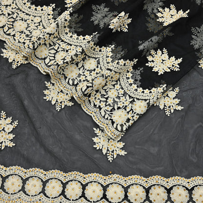 Indian Vintage Black Net Saree Heavy Hand Embroidery 6Yards Soft Mesh Fabric Ideal for Crafting Wedding Wear Bollywood sarees