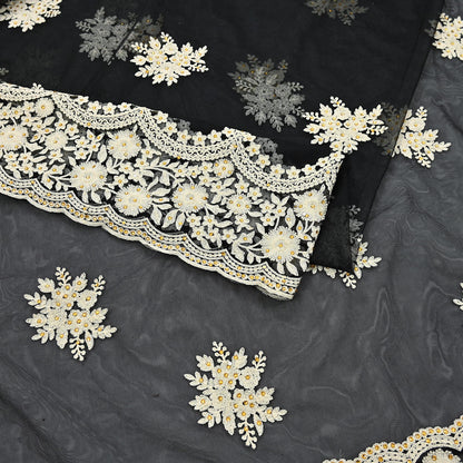 Indian Vintage Black Net Saree Heavy Hand Embroidery 6Yards Soft Mesh Fabric Ideal for Crafting Wedding Wear Bollywood sarees