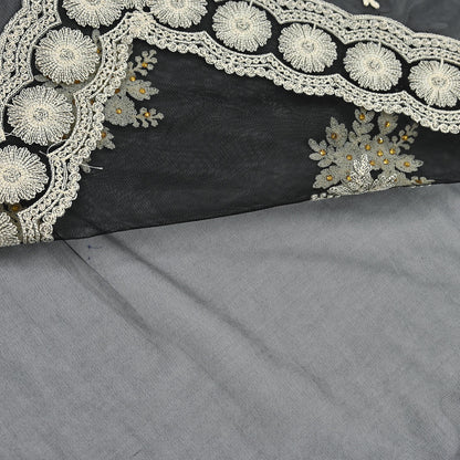 Indian Vintage Black Net Saree Heavy Hand Embroidery 6Yards Soft Mesh Fabric Ideal for Crafting Wedding Wear Bollywood sarees